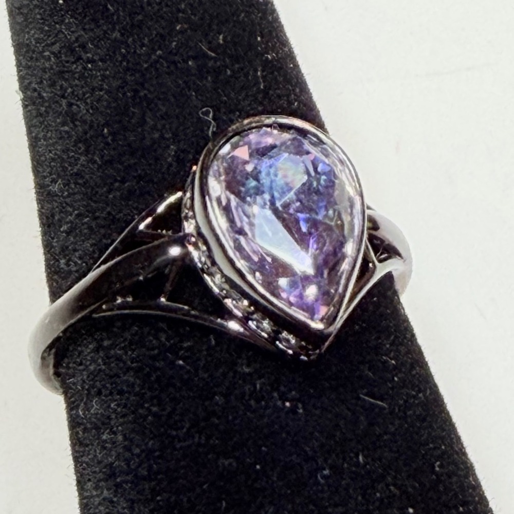 Womens Pear Cut Mystic Topaz Style Ring Gunmetal Black Size 7 Teardrop Halo